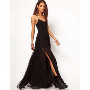 Women's Sexy Large Black Strap Backless Long Dress 